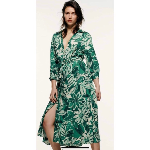 Zara Dresses Zara Printed Shirt Dress Floral Green Midi Nwt Poshmark
